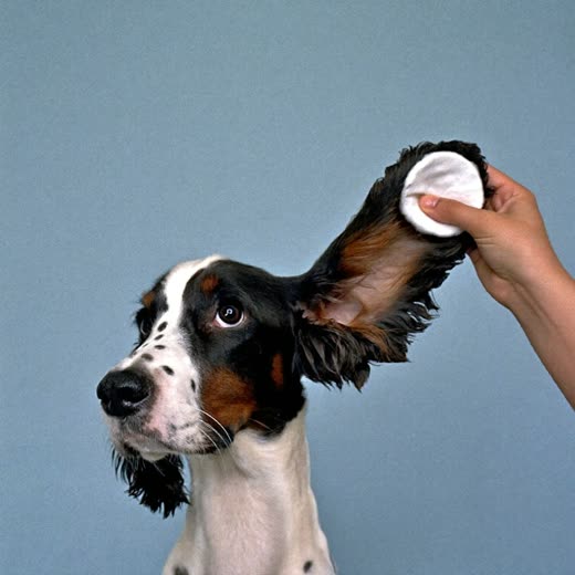 A spaniel's ear being lifted and cleaned